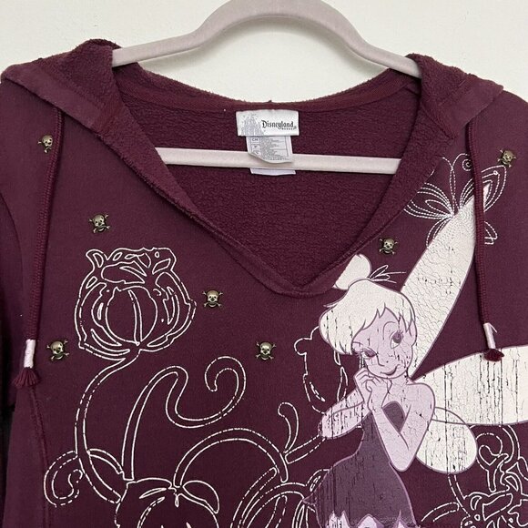 DISNEYLAND Vintage Tinker bell Hooded Sweatshirt Embroidered Skulls Purple SMALL - Picture 1 of 11